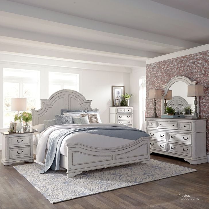 The appearance of Magnolia Manor Antique White Panel Bedroom Set designed by Liberty in the transitional interior design. This antique white piece of furniture  was selected by 1StopBedrooms from Magnolia Manor Collection to add a touch of cosiness and style into your home. Sku: 244-BR13;244-BR14;244-BR90;244-BR62. Bed Type: Panel Bed. Material: Wood. Product Type: Panel Bed. Bed Size: Queen. Image1