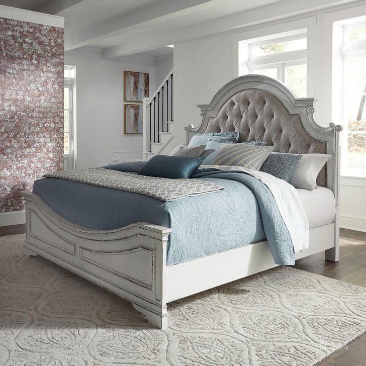 The appearance of Magnolia Manor Antique White Queen Upholstered Panel Bed designed by Liberty in the transitional interior design. This antique white piece of furniture  was selected by 1StopBedrooms from Magnolia Manor Collection to add a touch of cosiness and style into your home. Sku: 244-BR13HU;244-BR14;244-BR90. Bed Type: Panel Bed. Material: Wood. Product Type: Panel Bed. Bed Size: Queen. Image1