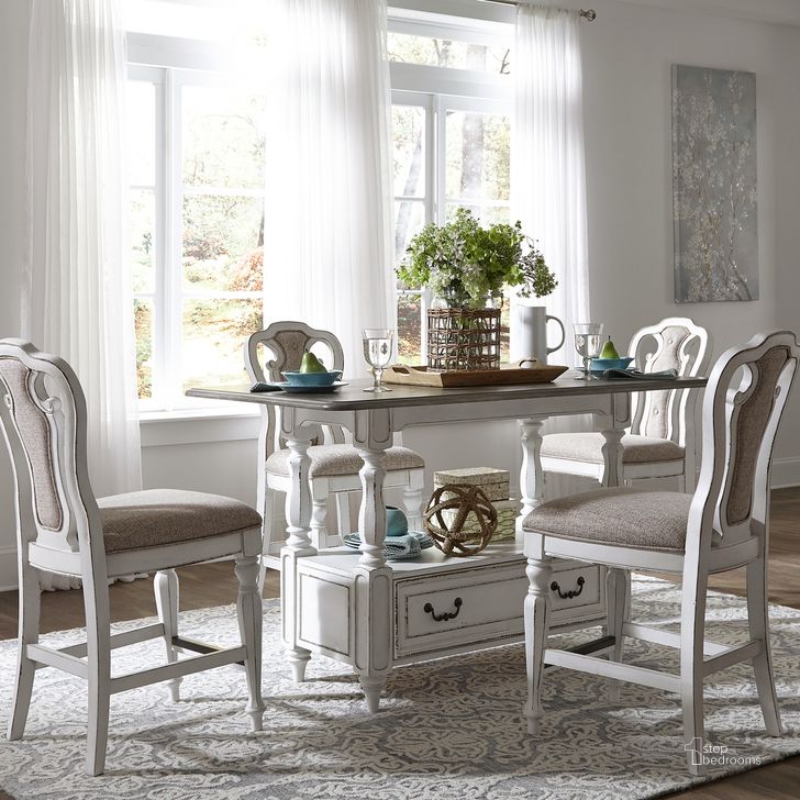 The appearance of Magnolia Manor Antique White Rectangular Counter Height Dining Room Set designed by Liberty in the traditional interior design. This antique white piece of furniture  was selected by 1StopBedrooms from Magnolia Manor Collection to add a touch of cosiness and style into your home. Sku: 244-GT3660;244-B650124. Material: Wood. Product Type: Dining Room Set. Table Top Shape: Rectangular. Image1