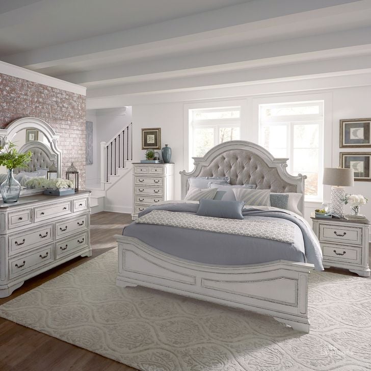The appearance of Magnolia Manor Antique White Upholstered Panel 4 Piece Bedroom Set designed by Liberty in the rustic / southwestern interior design. This antique white piece of furniture  was selected by 1StopBedrooms from Magnolia Manor Collection to add a touch of cosiness and style into your home. Sku: 244-BR13HU;244-BR14;244-BR90;244-BR63. Bed Type: Panel Bed. Material: Wood. Product Type: Panel Bed. Bed Size: Queen. Image1