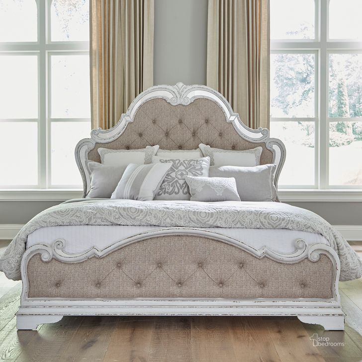 The appearance of Magnolia Manor California King Upholstered Bed designed by Liberty in the traditional interior design. This antique white piece of furniture  was selected by 1StopBedrooms from Magnolia Manor Collection to add a touch of cosiness and style into your home. Sku: 244-BR90C;244-BR16;244-BR15HU. Bed Type: Panel Bed. Product Type: Panel Bed. Bed Size: California King. Material: Rubberwood. Image1