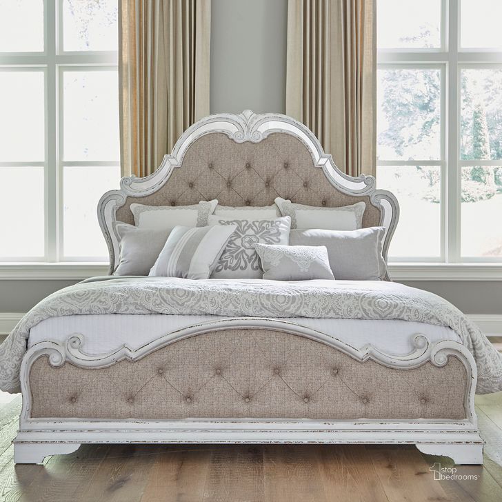 The appearance of Magnolia Manor Opt Queen Upholstered Bed designed by Liberty in the traditional interior design. This antique white piece of furniture  was selected by 1StopBedrooms from Magnolia Manor Collection to add a touch of cosiness and style into your home. Sku: 244-BR90;244-BR14FU;244-BR13HUM. Bed Type: Panel Bed. Product Type: Panel Bed. Bed Size: Queen. Material: Rubberwood. Image1