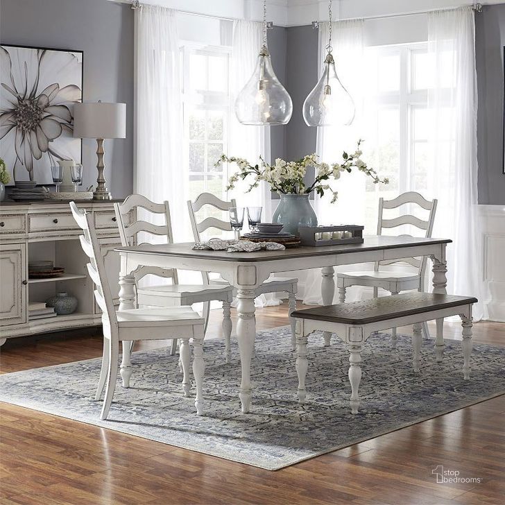 The appearance of Magnolia Manor Rectangular Dining Set w/ Bench designed by Liberty in the traditional interior design. This antique white piece of furniture  was selected by 1StopBedrooms from Magnolia Manor Collection to add a touch of cosiness and style into your home. Sku: 244-T4072;244-C4000S;244-C9000B. Table Base Style: Legs. Material: Wood. Product Type: Dining Room Set. Table Top Shape: Rectangular. Image1