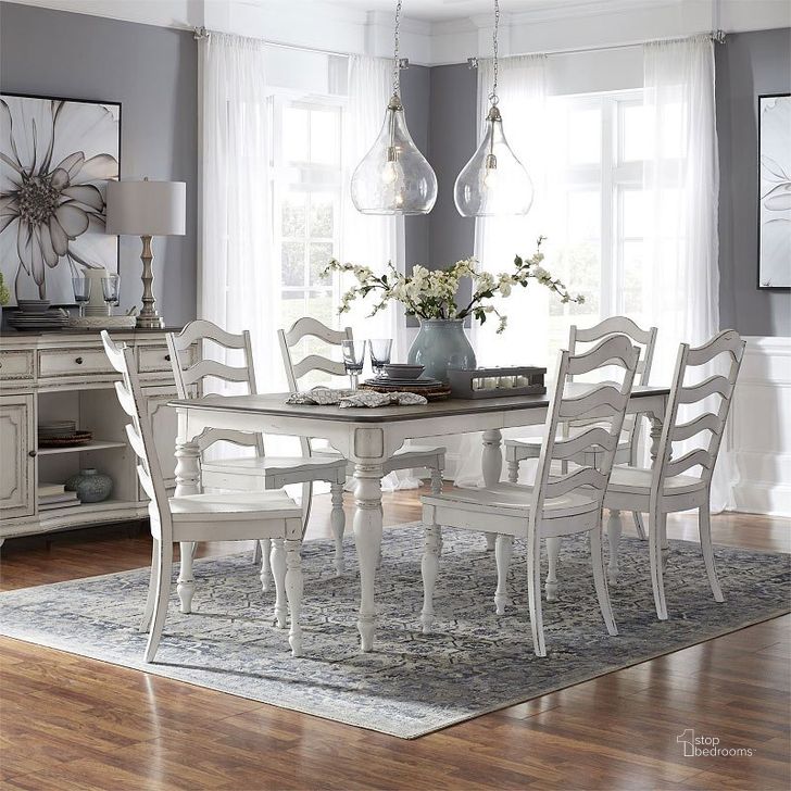 The appearance of Magnolia Manor Rectangular Dining Set designed by Liberty in the traditional interior design. This antique white piece of furniture  was selected by 1StopBedrooms from Magnolia Manor Collection to add a touch of cosiness and style into your home. Sku: 244-T4072;244-C4000S. Table Base Style: Legs. Material: Wood. Product Type: Dining Room Set. Table Top Shape: Rectangular. Image1