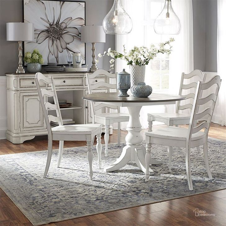 The appearance of Magnolia Manor Round Drop Leaf Dining Room Set designed by Liberty in the traditional interior design. This antique white piece of furniture  was selected by 1StopBedrooms from Magnolia Manor Collection to add a touch of cosiness and style into your home. Sku: 244-T4444;244-C4000S. Table Base Style: Pedestal. Table Top Shape: Round. Material: Wood. Product Type: Dining Room Set. Size: 44". Image1