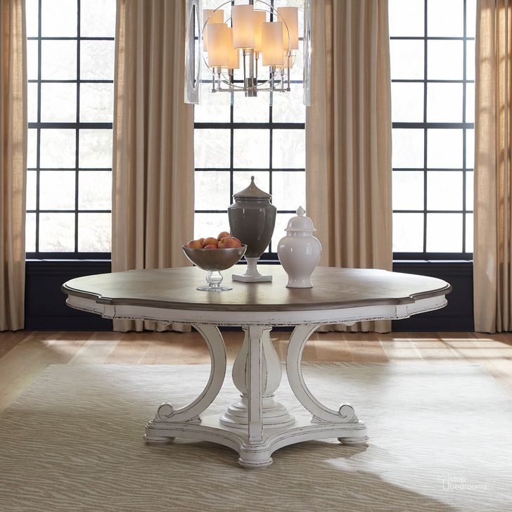 The appearance of Magnolia Manor Round Table Set In Antique White and Weathered Bark designed by Liberty in the traditional interior design. This antique white piece of furniture  was selected by 1StopBedrooms from Magnolia Manor Collection to add a touch of cosiness and style into your home. Sku: 244-P7272;244-T7272. Table Base Style: Pedestal. Table Top Shape: Round. Product Type: Dining Table. Material: Rubberwood. Image1