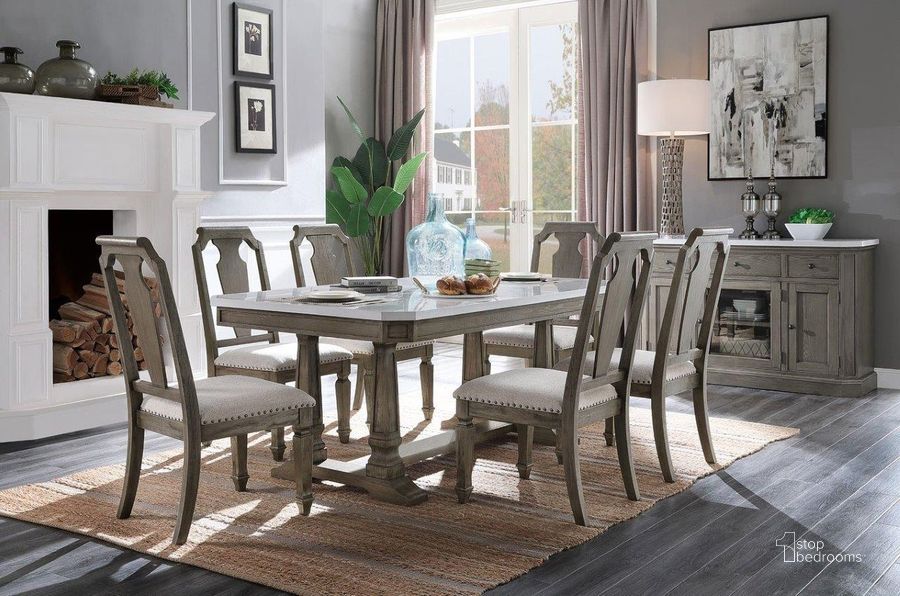 The appearance of Maitland Bridge Weathered Oak Dining Set designed by Off 5th Home in the transitional interior design. This weathered oak piece of furniture  was selected by 1StopBedrooms from Maitland Bridge Collection to add a touch of cosiness and style into your home. Sku: 73260;73262. Table Base Style: Trestle. Material: Wood. Product Type: Dining Room Set. Table Top Shape: Rectangular. Size: 71". Image1