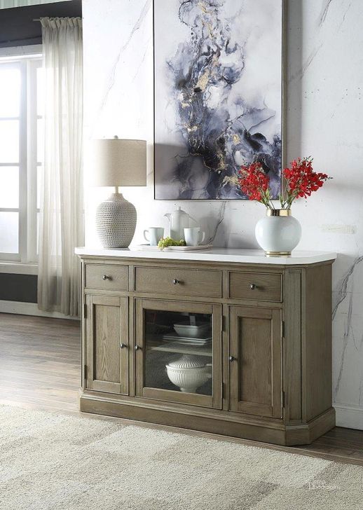 The appearance of Maitland Bridge Weathered Oak Servers, Sideboard & Buffet designed by Off 5th Home in the transitional interior design. This weathered oak piece of furniture  was selected by 1StopBedrooms from Maitland Bridge Collection to add a touch of cosiness and style into your home. Sku: 73263. Material: Wood. Product Type: Server. Image1