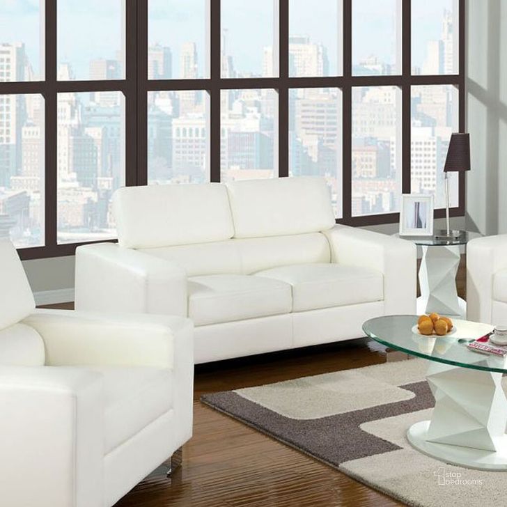 The appearance of Makri White Bonded Leather Match Sofa designed by Furniture of America in the modern / contemporary interior design. This white piece of furniture  was selected by 1StopBedrooms from Makri Collection to add a touch of cosiness and style into your home. Sku: CM6336WH-S. Material: Leather. Product Type: Leather Sofa. Image1