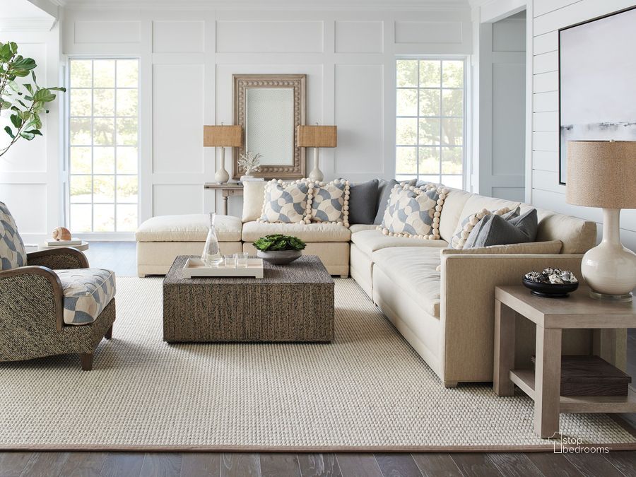 The appearance of Malibu Brown Decker Woven Occasional Table Set designed by Barclay Butera in the transitional interior design. This brown piece of furniture  was selected by 1StopBedrooms from Malibu Collection to add a touch of cosiness and style into your home. Sku: 01-0926-944;01-0926-950. Product Type: Occasional Table Set. Image1