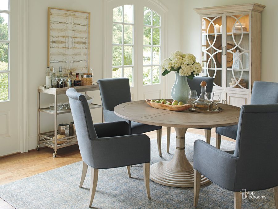 The appearance of Malibu Grey Kingsport Round Dining Room Set designed by Barclay Butera in the modern / contemporary interior design. This beige piece of furniture  was selected by 1StopBedrooms from Malibu Collection to add a touch of cosiness and style into your home. Sku: 01-0926-875C;01-0926-880-01. Table Base Style: Pedestal. Table Top Shape: Round. Product Type: Dining Room Set. Image1