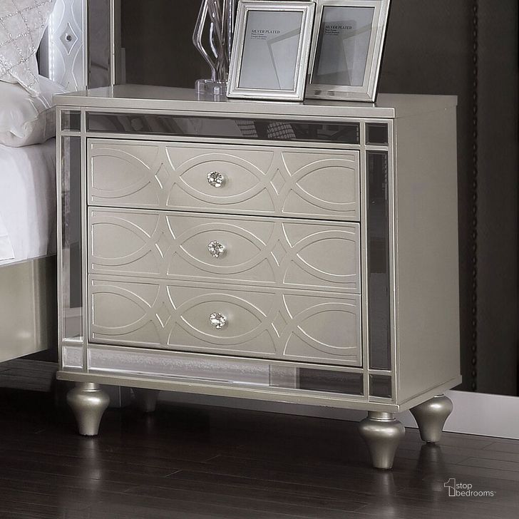 The appearance of Manar Night Stand In Silver designed by Furniture of America in the transitional interior design. This silver piece of furniture  was selected by 1StopBedrooms from Manar Collection to add a touch of cosiness and style into your home. Sku: CM7891N. Material: Wood. Product Type: Nightstand. Image1