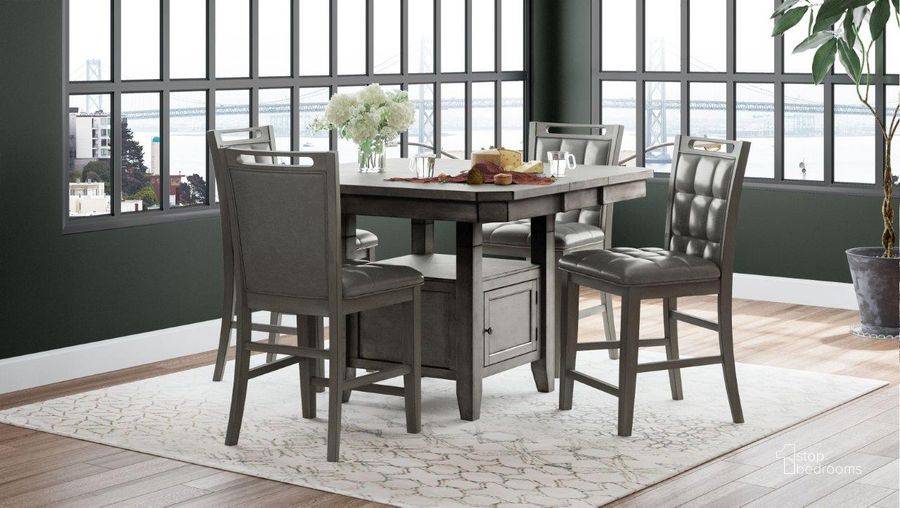 The appearance of Manchester Grey Square Adjustable Extendable Storage Dining Room Set designed by Jofran in the transitional interior design. This gray piece of furniture  was selected by 1StopBedrooms from Manchester Collection to add a touch of cosiness and style into your home. Sku: 1872-54TBKT;1872-385KD. Table Base Style: Pedestal. Table Top Shape: Square. Material: Wood. Product Type: Dining Room Set. Image1