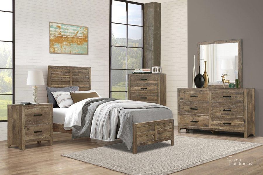 The appearance of Mandan Weathered Pine Youth Panel Bedroom Set designed by Homelegance in the transitional interior design. This brown piece of furniture  was selected by 1StopBedrooms from Mandan Collection to add a touch of cosiness and style into your home. Sku: 1910T-1;1910T-2;1910T-3;1910-4. Bed Type: Panel Bed. Material: Wood. Product Type: Panel Bed. Bed Size: Twin. Image1