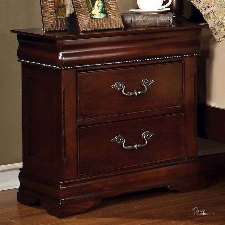 The appearance of Mandura Night Stand In Cherry designed by Furniture of America in the traditional interior design. This cherry piece of furniture  was selected by 1StopBedrooms from Mandura Collection to add a touch of cosiness and style into your home. Sku: CM7260N. Material: Wood. Product Type: Nightstand. Image1