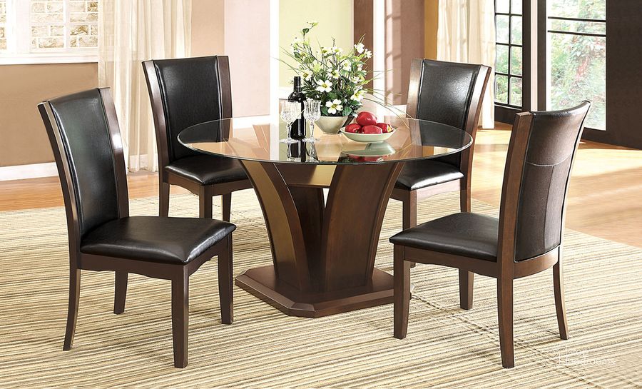 The appearance of Manhattan Round Dining Table In Brown Cherry designed by Furniture of America in the modern / contemporary interior design. This brown cherry piece of furniture  was selected by 1StopBedrooms from Manhattan Collection to add a touch of cosiness and style into your home. Sku: CM3710RT-1;CM3710RT-2;CM3710RT-3. Table Base Style: Pedestal. Table Top Shape: Round. Material: Wood. Product Type: Dining Table. Size: 54". Image1