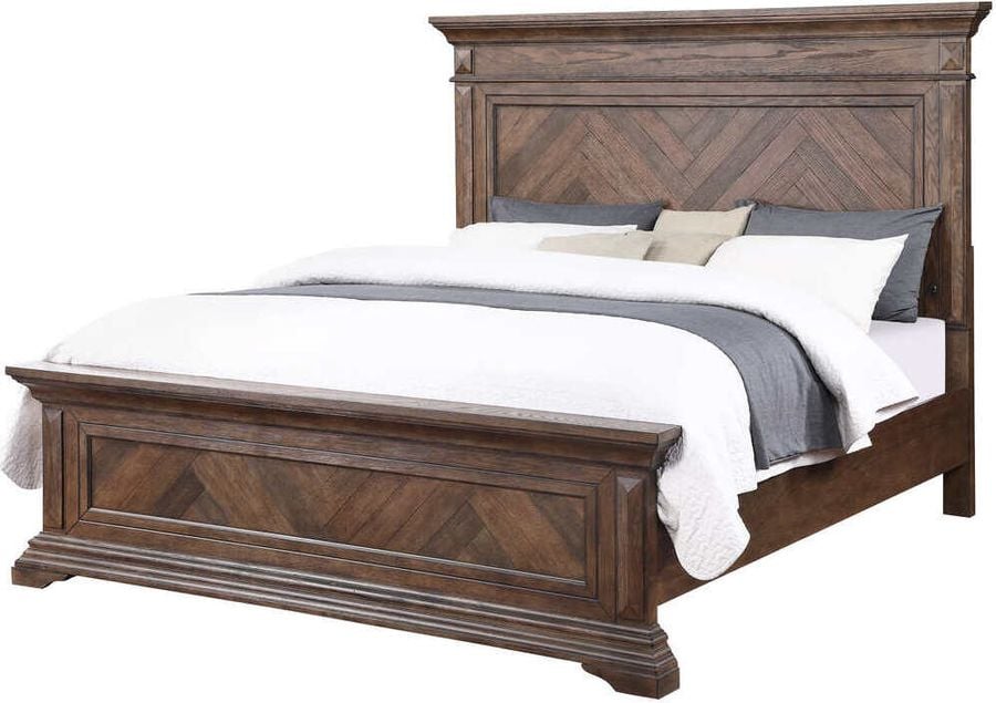The appearance of Mar Vista Brushed Walnut King Panel Bed designed by New Classic in the transitional interior design. This brown piece of furniture  was selected by 1StopBedrooms from Mar Vista Collection to add a touch of cosiness and style into your home. Sku: B658-110;B658-120;B658-330. Bed Type: Panel Bed. Product Type: Panel Bed. Bed Size: King. Image1