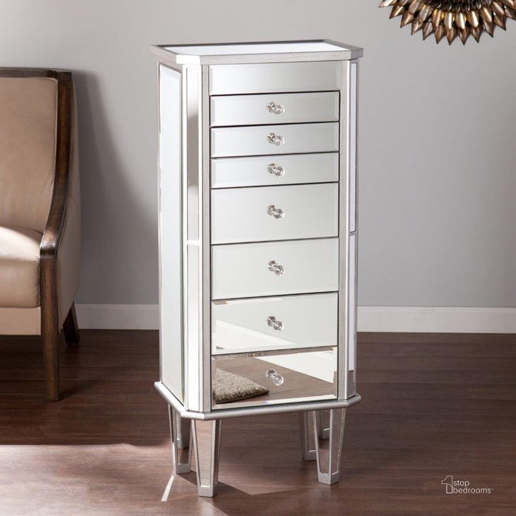 The appearance of Margaux Mirrored Jewelry Armoire designed by SEI Furniture in the glam interior design. This silver piece of furniture  was selected by 1StopBedrooms from Margaux Collection to add a touch of cosiness and style into your home. Sku: JS7512. Material: MDF. Product Type: Jewelry Armoire. Image1