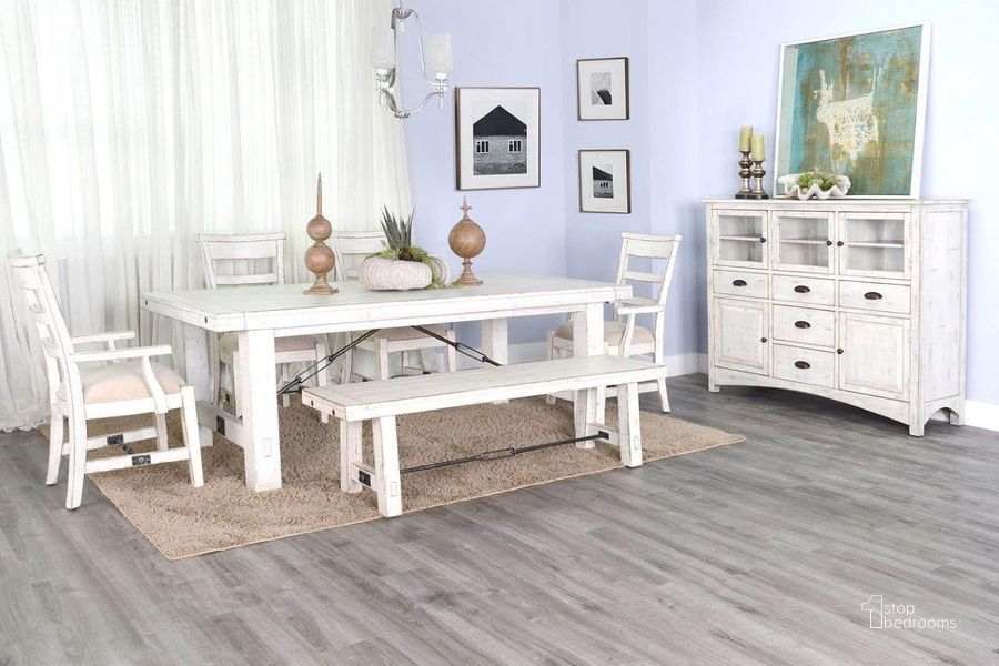 The appearance of Marina Extension Dining Room Set With Bench (White Sand) designed by Sunny Design in the rustic / southwestern interior design. This white sand piece of furniture  was selected by 1StopBedrooms from Marina Collection to add a touch of cosiness and style into your home. Sku: 1316WS;1604WS;1615WS. Table Base Style: Trestle. Material: Wood. Product Type: Dining Room Set. Table Top Shape: Rectangular. Size: 122". Image1