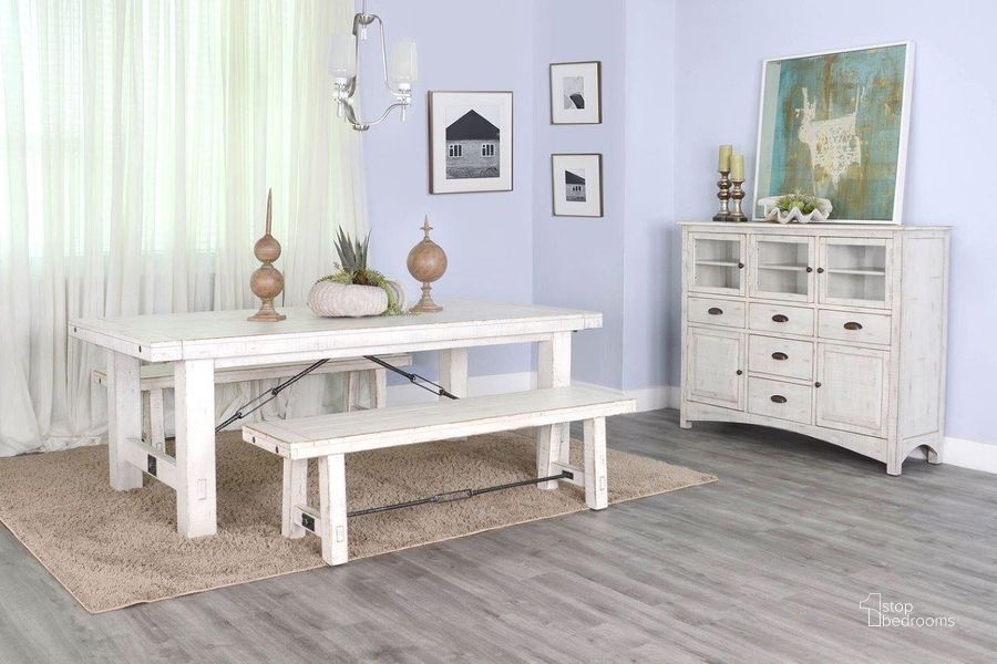 The appearance of Marina Extension Dining Room Set With Benches (White Sand) designed by Sunny Design in the rustic / southwestern interior design. This white sand piece of furniture  was selected by 1StopBedrooms from Marina Collection to add a touch of cosiness and style into your home. Sku: 1316WS;1615WS. Table Base Style: Trestle. Material: Wood. Product Type: Dining Room Set. Table Top Shape: Rectangular. Size: 122". Image1