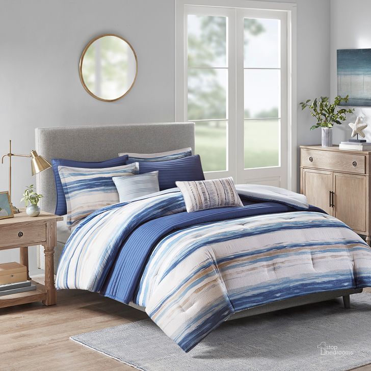The appearance of Marina Polyester Microfiber 8Pcs Printed Seersucker Comforter And Coverlet King Comforter Set In Blue designed by Olliix in the coastal interior design. This blue piece of furniture  was selected by 1StopBedrooms from Marina Collection to add a touch of cosiness and style into your home. Sku: MP10-6156. Material: Microfiber. Bed Size: King. Product Type: Coverlet Set. Image1