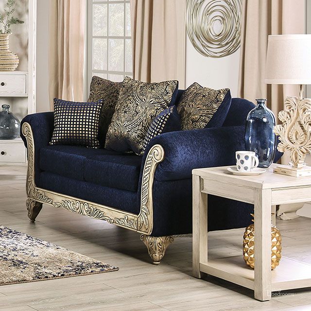 The appearance of Marinella Loveseat In Royal Blue designed by Furniture of America in the traditional interior design. This royal blue piece of furniture  was selected by 1StopBedrooms from Marinella Collection to add a touch of cosiness and style into your home. Sku: SM7744-LV. Material: Wood. Product Type: Loveseat. Image1