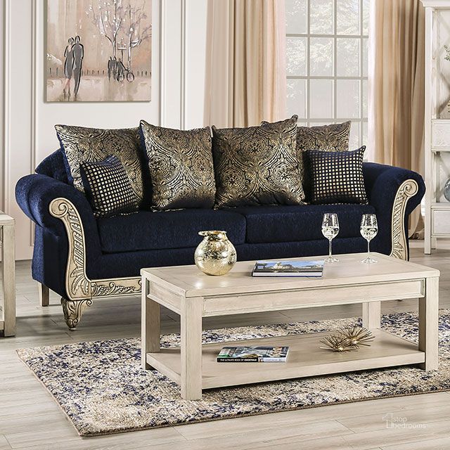 The appearance of Marinella Sofa In Royal Blue designed by Furniture of America in the traditional interior design. This royal blue piece of furniture  was selected by 1StopBedrooms from Marinella Collection to add a touch of cosiness and style into your home. Sku: SM7744-SF. Material: Wood. Product Type: Sofa. Image1