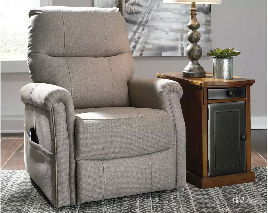 The appearance of Markridge Gray Power Lift Recliner designed by Signature Design by Ashley in the traditional interior design. This gray piece of furniture  was selected by 1StopBedrooms from Markridge Collection to add a touch of cosiness and style into your home. Sku: 3500212. Material: Fabric. Product Type: Recliner. Image1