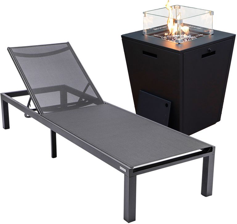 The appearance of Marlin Outdoor Patio Chaise Lounge Chair With Square Fire Pit Side Table In Black designed by LeisureMod in the modern / contemporary interior design. This black piece of furniture  was selected by 1StopBedrooms from Marlin Collection to add a touch of cosiness and style into your home. Sku: MLBLCF21-77BL. Material: Aluminum. Product Type: Outdoor Conversation Set. Image1