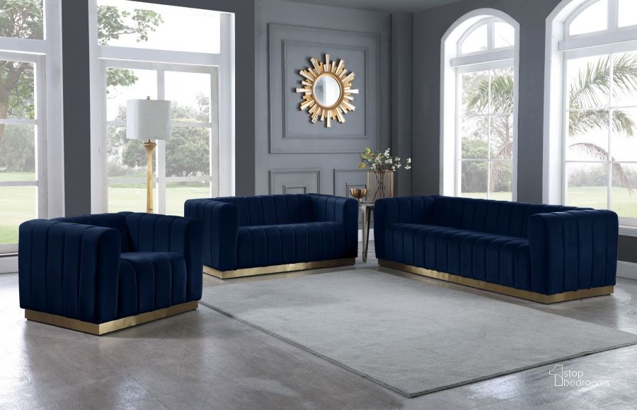 The appearance of Marlon Living Room Set (Navy) designed by Meridian in the modern / contemporary interior design. This navy velvet piece of furniture  was selected by 1StopBedrooms from Marlon Collection to add a touch of cosiness and style into your home. Sku: 603Navy-S;603Navy-L. Product Type: Living Room Set. Material: Velvet. Image1