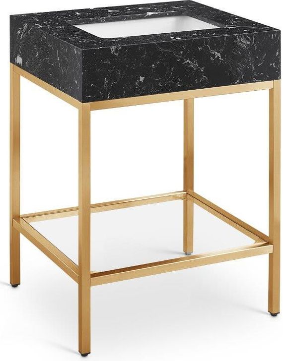 The appearance of Marmo Black Artificial Marble Bathroom Vanity 406Black-24 designed by Meridian in the modern / contemporary interior design. This black and gold piece of furniture  was selected by 1StopBedrooms from Marmo Collection to add a touch of cosiness and style into your home. Sku: 406Black-24. Material: Marble. Product Type: Bathroom Vanity. Image1