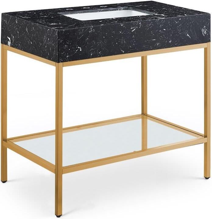 The appearance of Marmo Black Artificial Marble Bathroom Vanity 406Black-36 designed by Meridian in the modern / contemporary interior design. This black and gold piece of furniture  was selected by 1StopBedrooms from Marmo Collection to add a touch of cosiness and style into your home. Sku: 406Black-36. Material: Marble. Product Type: Bathroom Vanity. Image1
