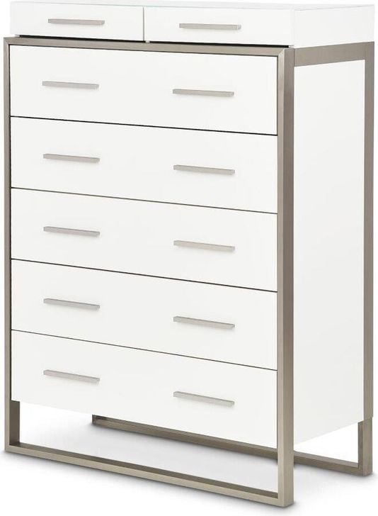 The appearance of Marquee 6Indrawer Chest In Cloud White designed by AICO in the modern / contemporary interior design. This cloud white piece of furniture  was selected by 1StopBedrooms from Marquee Collection to add a touch of cosiness and style into your home. Sku: KI-MRQE070-108. Product Type: Chest. Material: MDF. Image1