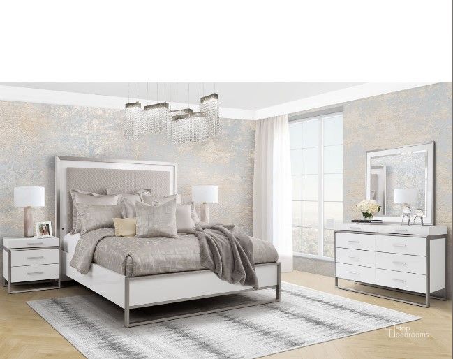 The appearance of Marquee Cloud White Bedroom Set designed by AICO in the modern / contemporary interior design. This cloud white piece of furniture  was selected by 1StopBedrooms from Marquee Collection to add a touch of cosiness and style into your home. Sku: KI-MRQE012-108;KI-MRQE040-108;KI-MRQE132-108;9000238-00. Bed Type: Panel Bed. Product Type: Panel Bed. Bed Size: Queen. Material: MDF. Image1