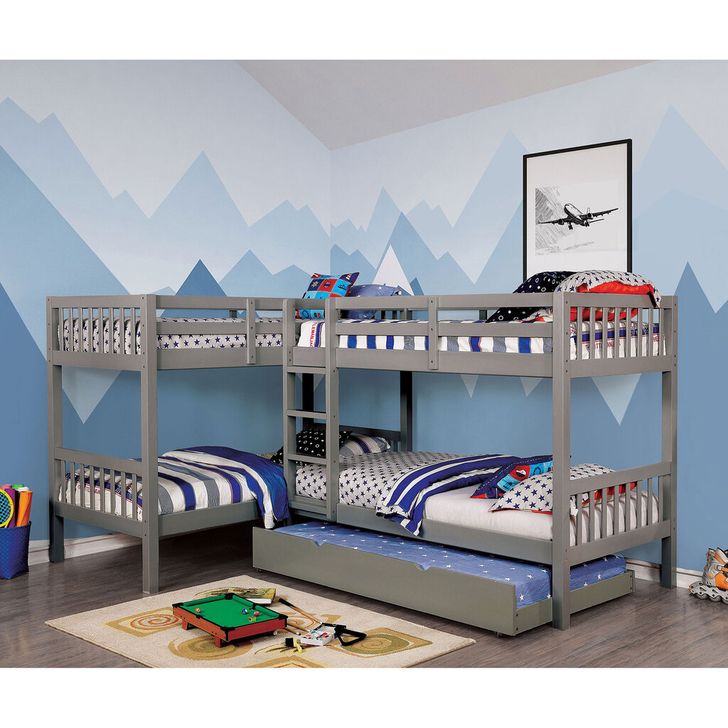 The appearance of Marquette Quadruple Twin Bunk Bed In Gray designed by Furniture of America in the transitional interior design. This gray piece of furniture  was selected by 1StopBedrooms from Marquette Collection to add a touch of cosiness and style into your home. Sku: CM-BK904GY-1;CM-BK904GY-2;CM-BK904GY-3. Bed Type: Bunk Bed. Material: Wood. Product Type: Bunk Bed. Bed Size: Twin.