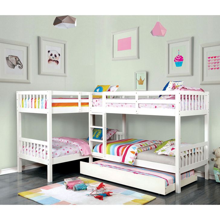 The appearance of Marquette Quadruple Twin Bunk Bed In White designed by Furniture of America in the transitional interior design. This white piece of furniture  was selected by 1StopBedrooms from Marquette Collection to add a touch of cosiness and style into your home. Sku: CM-BK904WH-1;CM-BK904WH-2;CM-BK904WH-3. Bed Type: Bunk Bed. Material: Wood. Product Type: Bunk Bed. Bed Size: Twin.