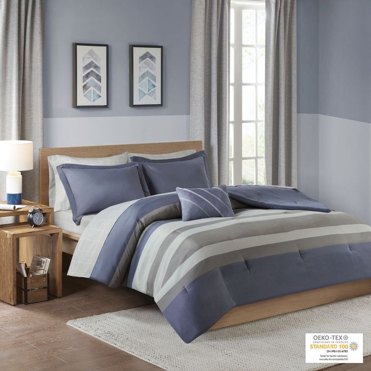 The appearance of Marsden Polyester Printed 8Pcs Comforter And Queen Sheet Set In Blue/Grey designed by Olliix in the transitional interior design. This blue/grey piece of furniture  was selected by 1StopBedrooms from Marsden Collection to add a touch of cosiness and style into your home. Sku: ID10-1732. Material: Polyester. Bed Size: Queen. Product Type: Comforter Set. Image1