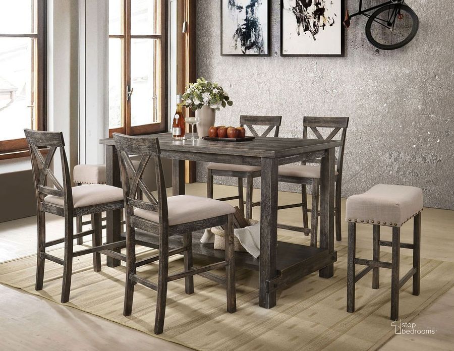 The appearance of Martha II Counter Height Dining Room Set (Weathered Gray) designed by ACME in the transitional interior design. This gray piece of furniture  was selected by 1StopBedrooms from Martha Collection to add a touch of cosiness and style into your home. Sku: 73830;73833. Product Type: Dining Room Set. Material: MDF. Image1