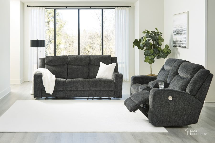 The appearance of Martinglenn Reclining Power Living Room Set In Ebony designed by Signature Design by Ashley in the modern / contemporary interior design. This ebony piece of furniture  was selected by 1StopBedrooms from Martinglenn Collection to add a touch of cosiness and style into your home. Sku: 4650499;4650496. Product Type: Living Room Set. Image1