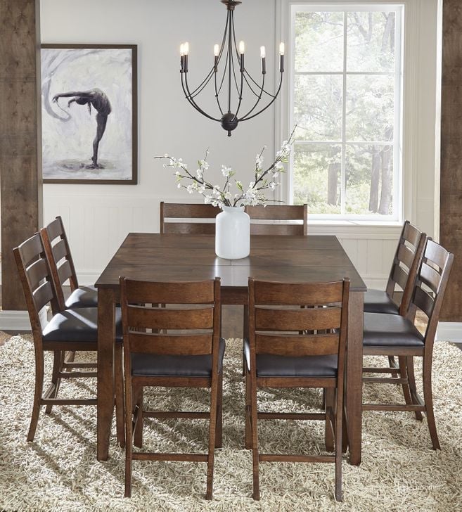 The appearance of Mason Medium Mango 54" Extendable Square Gathering Dining Room Set designed by A-America in the transitional interior design. This brown piece of furniture  was selected by 1StopBedrooms from Mason Collection to add a touch of cosiness and style into your home. Sku: MASMA6750;MASMA3552. Table Base Style: Legs. Table Top Shape: Square. Product Type: Dining Room Set. Material: Rubberwood. Image1