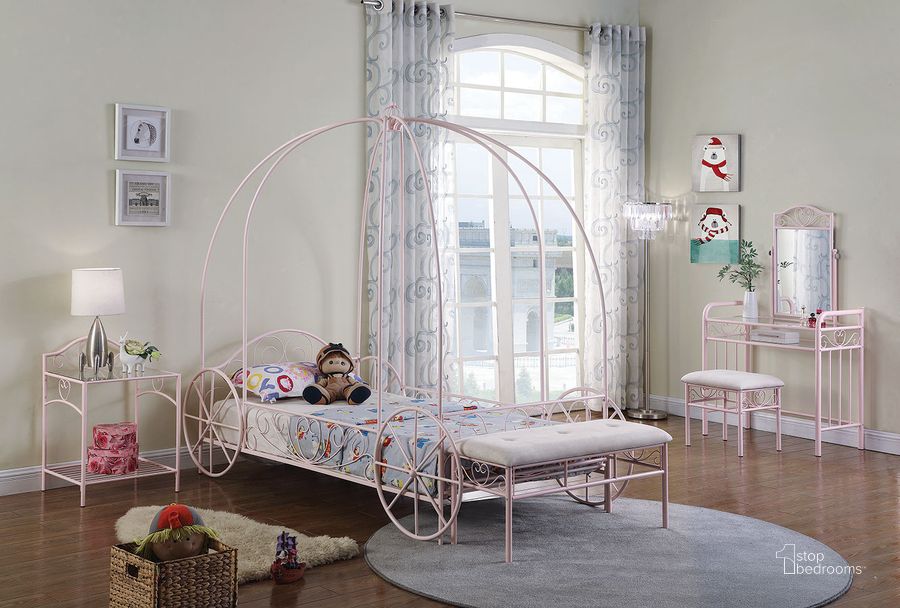 The appearance of Massi Youth Canopy Bedroom Set designed by Coaster in the traditional interior design. This pink piece of furniture  was selected by 1StopBedrooms from Massi Collection to add a touch of cosiness and style into your home. Sku: 400155T;401152. Bed Type: Canopy Bed. Material: Metal. Product Type: Canopy Bed. Bed Size: Twin. Image1