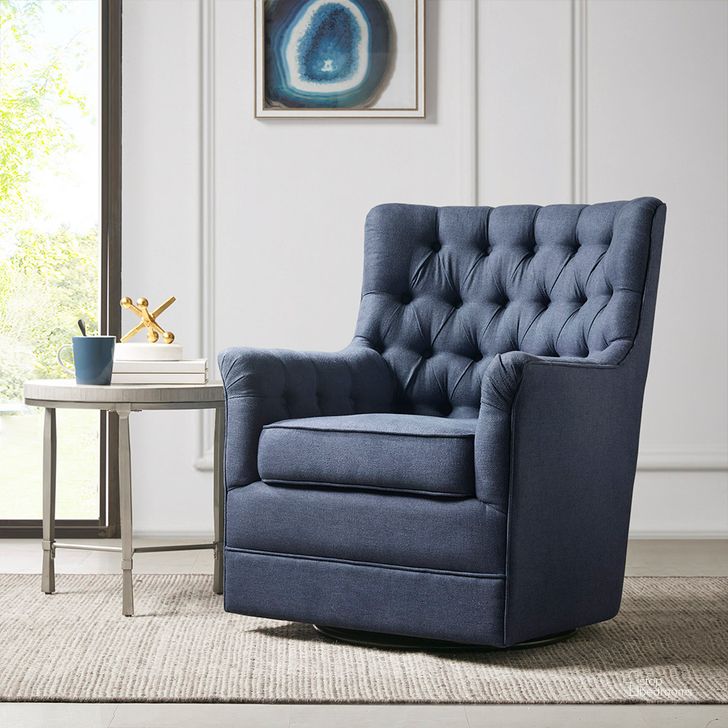 The appearance of Mathis Swivel Glider Chair In Blue designed by Olliix in the traditional interior design. This blue piece of furniture  was selected by 1StopBedrooms from Mathis Collection to add a touch of cosiness and style into your home. Sku: MP103-0935. Material: Wood. Product Type: Living Room Chair. Image1