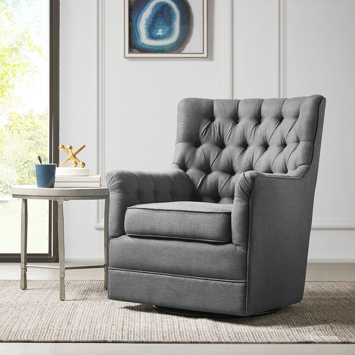 The appearance of Mathis Swivel Glider Chair In Gray designed by Olliix in the traditional interior design. This gray piece of furniture  was selected by 1StopBedrooms from Mathis Collection to add a touch of cosiness and style into your home. Sku: MP103-1171. Material: Wood. Product Type: Living Room Chair. Image1