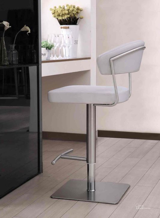 The appearance of Maureen White Adjustable Barstool designed by Whiteline Modern Living in the modern / contemporary interior design. This white piece of furniture  was selected by 1StopBedrooms from Maureen Collection to add a touch of cosiness and style into your home. Sku: BS1623P-WHT. Product Type: Barstool. Material: Stainless Steel. Image1