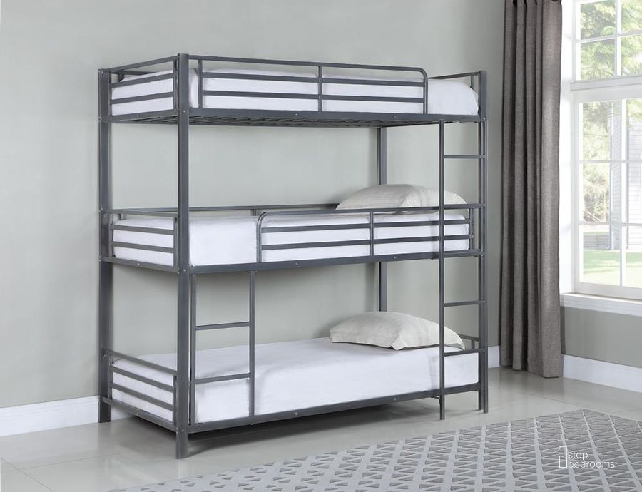 The appearance of Maynard Gunmetal Triple Twin Bunk Bed designed by Coaster in the transitional interior design. This black piece of furniture  was selected by 1StopBedrooms from Maynard Collection to add a touch of cosiness and style into your home. Sku: 422670. Bed Type: Bunk Bed. Material: Metal. Product Type: Bunk Bed. Bed Size: Twin Over Twin. Image1