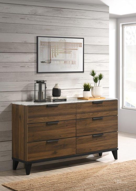 The appearance of Mays 6-Drawer Dresser Walnut Brown With Faux Marble Top designed by Coaster in the modern / contemporary interior design. This walnut brown piece of furniture  was selected by 1StopBedrooms from May Collection to add a touch of cosiness and style into your home. Sku: 215963. Product Type: Dresser. Material: MDF. Image1