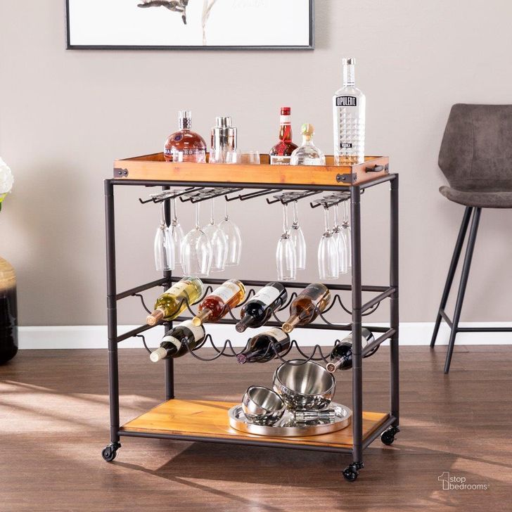 The appearance of Mayson Bar Cart designed by SEI Furniture in the rustic / southwestern interior design. This black and natural piece of furniture  was selected by 1StopBedrooms from Mayson Collection to add a touch of cosiness and style into your home. Sku: HZ2020. Material: Wood. Product Type: Bar Cart. Image1