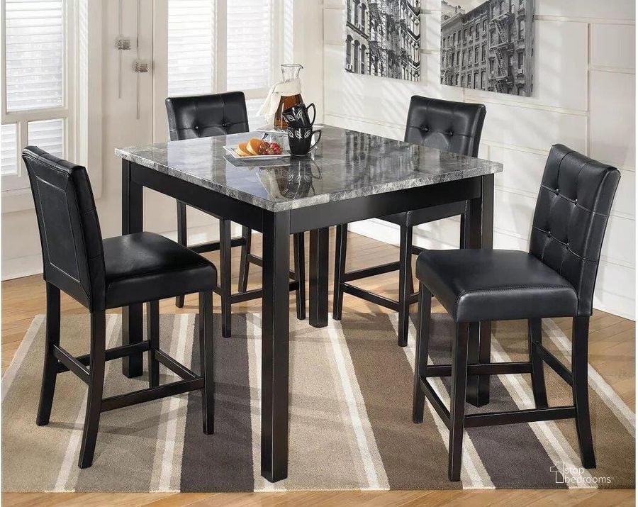The appearance of Maysville 5 Piece Square Counter Height Dining Room Set designed by Signature Design by Ashley in the modern / contemporary interior design. This black piece of furniture  was selected by 1StopBedrooms from Maysville Collection to add a touch of cosiness and style into your home. Sku: D154-223. Table Top Shape: Square. Product Type: Dining Room Set. Material: Leather Match. Image1