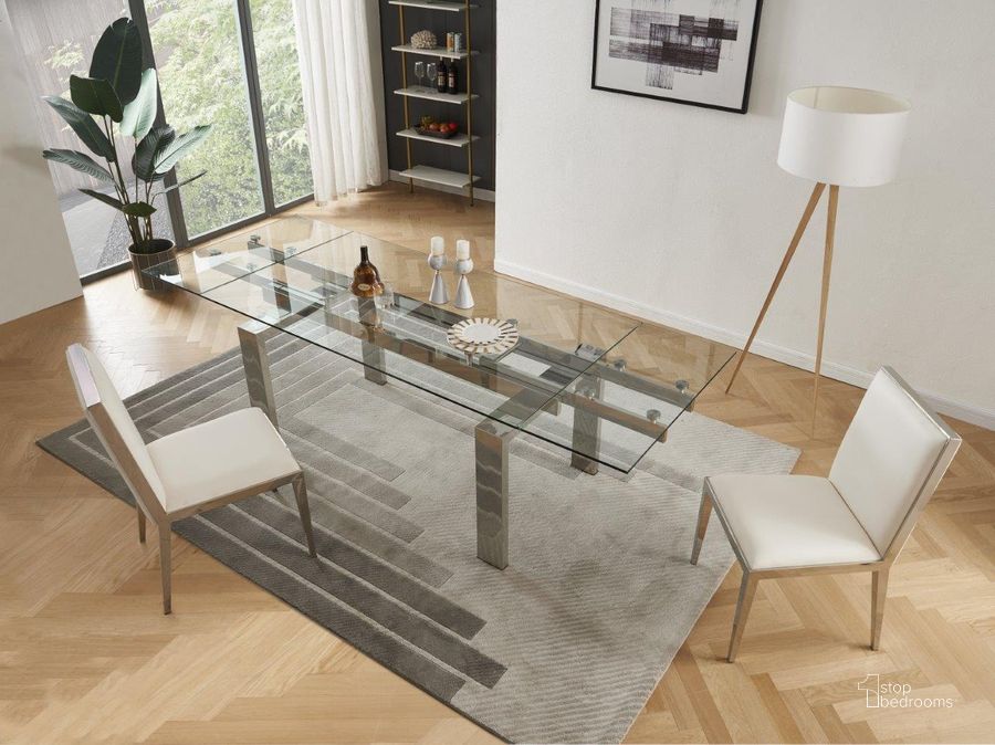 The appearance of Mc Moda Extension Dining Table designed by J&M in the modern / contemporary interior design. This glass piece of furniture  was selected by 1StopBedrooms from Moda Collection to add a touch of cosiness and style into your home. Sku: 18872. Table Base Style: Double Pedestal. Material: Glass. Product Type: Dining Table. Table Top Shape: Rectangular. Size: 95". Image1