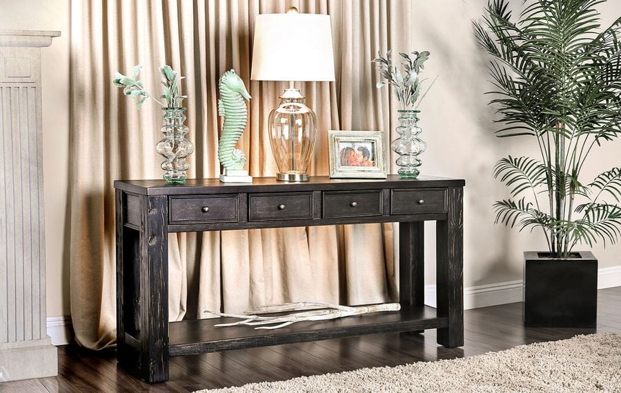 The appearance of Meadow Sofa Table In Antique Black designed by Furniture of America in the rustic / southwestern interior design. This antique black piece of furniture  was selected by 1StopBedrooms from Meadow Collection to add a touch of cosiness and style into your home. Sku: CM4327S-VN. Material: Wood. Product Type: Sofa Table. Table Top Shape: Rectangular. Image1